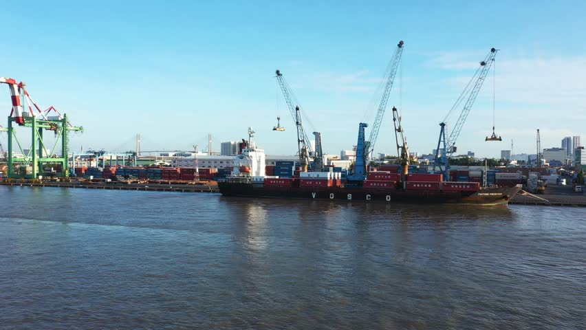 Top view of the Saigon Port. Saigon Port is a network of ports in Ho Chi Minh City. It has become the 24th busiest container port in the world.