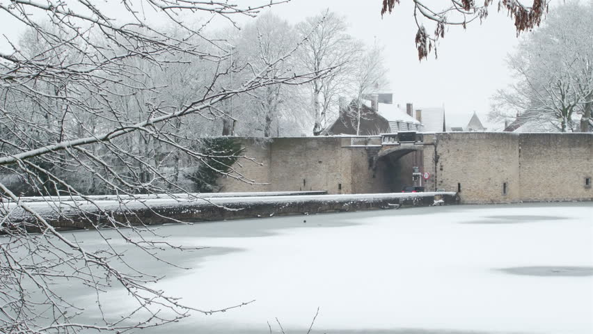 Public park and nature surrounding Ypres city in Belgium, after snow fall