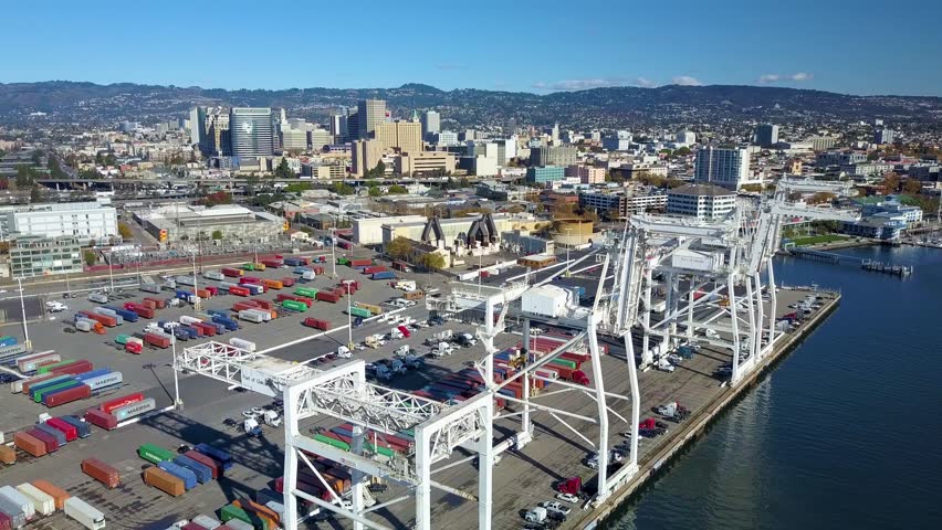 Aerial drone shot of dockside in Port of Oakland, California
