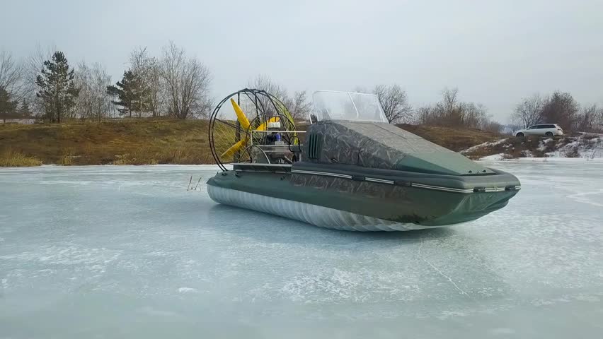 Airboat floating on the river. Aeroglisser