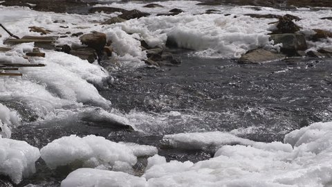 Close-up Ice on River flow in cold place at Zero Point, Sikkim,India, Panning Right, Panning.