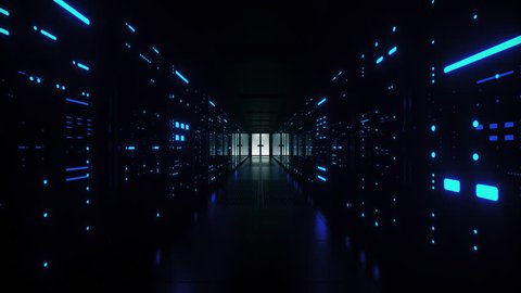 Network and data servers behind glass panels in a server room of a data center or ISP with flickering lights. Forward Dolly Shot, 4K High Quality Animation