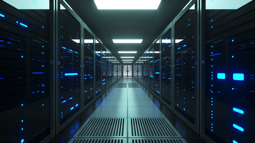 Network and data servers behind glass panels in a server room of a data center or ISP. Forward Dolly Shot, 4K High Quality Animation Royalty-Free Stock Footage #1025735363