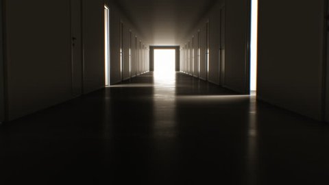 Moving Through the Dark Corridor with Many Opening and Closing Doors to the Bright White Exit. Business and Technology Concept. 4k Ultra HD 3840x2160.