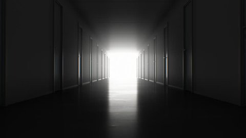 Seamless Motion Through the Dark Corridor with Many Closed Doors to the Bright White Exit. Looped 3d Animation Light in the End. Business and Technology Concept. 4k Ultra HD 3840x2160.
