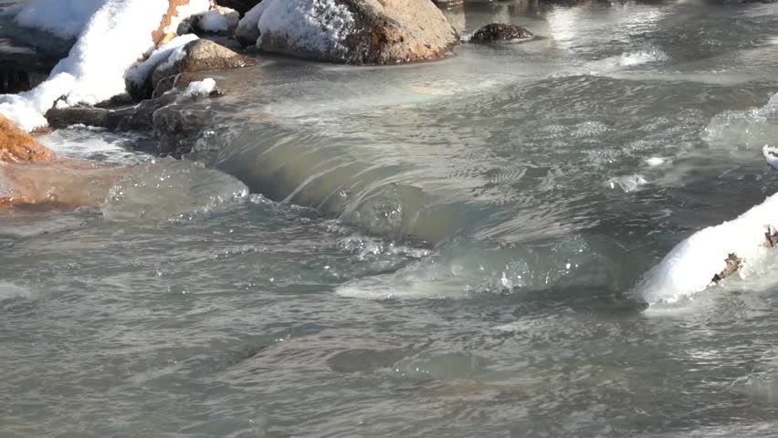 Water flowing over an icy frozen surface in a creek in the winter