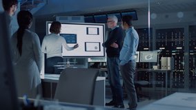 Engineers Meeting in Technology Research Laboratory: Female Engineer Leads Presentation Using Digital Whiteboard, Shows Machine Blueprint, Data Analytics while Colleagues Asking Questions. 8K RED - Powered by Shutterstock - Get 15% off with code: PIKWIZARD15