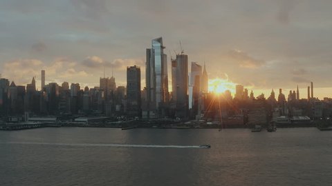 Aerial View Sunrise at New York City and sunflares 4k