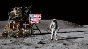 Astronaut jumping on the moon and saluting the American flag.. Some Elements of this video furnished by NASA.