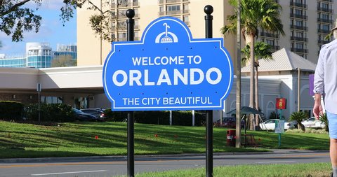 Orlando, Florida / USA, March 3, 2019: Welcome To Orlando The City Beautiful Sign On The International Drive In Orlando, Florida, United States - DCi 4K Resolution