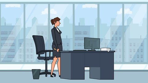 Flat cartoon businesswoman bad angry character destroy the workplace with computer office animation