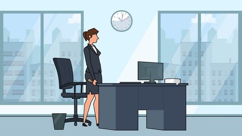 Flat cartoon businesswoman bad angry character destroy the workplace with computer office animation