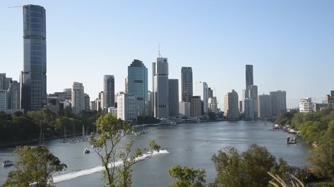 Brisbane city views from Kangaroo Point cliffs. Traffic and skyline scene in the Queensland's capital.