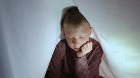 Portrait of cute happy smiling kid hiding under blanket and using flashlight of modern smartphone to light into camera. Real time full hd video footage.