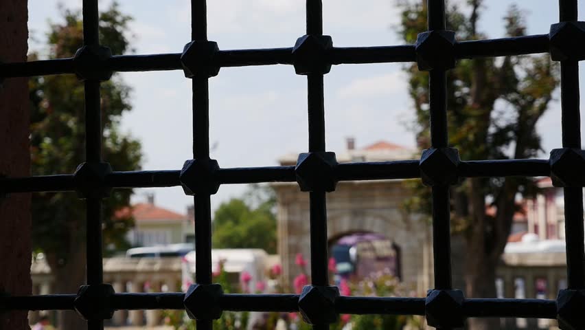 Looking of selimiye camii courtyard from behind the window railing/Edirne,TURKEY