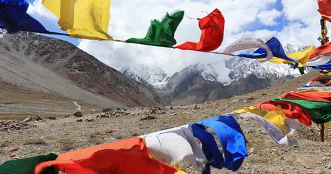 Buddhist prayer flags in Himalaya mountains. Traditions and culture of Ladakh region of north India