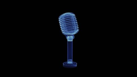 The hologram of a rotating vocal microphone. 3D animation of condenser mic on a black background with a seamless loop