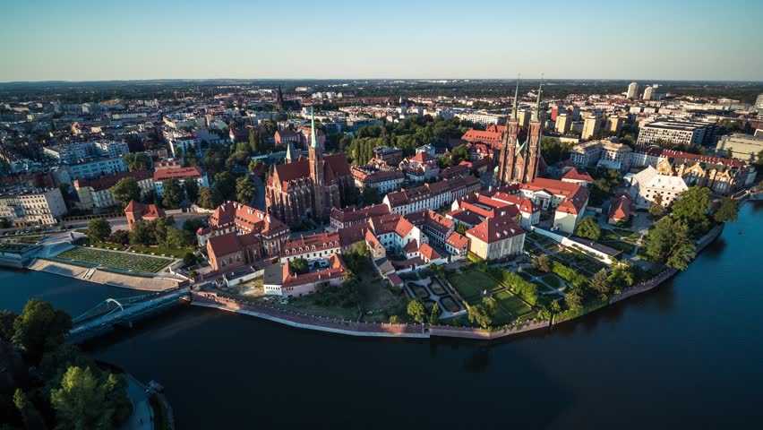 Aerial View of Wroclaw, Ostrow Tumski, Cathedral of St. John the Baptist, Katedra Swietego Jana Chrzciciela, Old Town, Stare Miasto, Poland, Polska