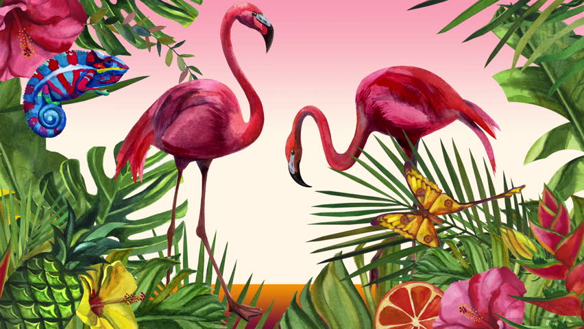 Cartoon flamingo bird, chameleon and butterfly. The sun is moving. Watercolor tropical wildlife. Hand drawn jungle nature, illustration