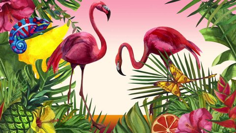 Cartoon flamingo bird, chameleon and butterfly. The sun is moving. Watercolor tropical wildlife. Hand drawn jungle nature, illustration