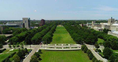Chicago, Illinois/USA - February 21, 2019: Scenic aerial view of the Midway Plaisance at The University of Chicago’s campus. 