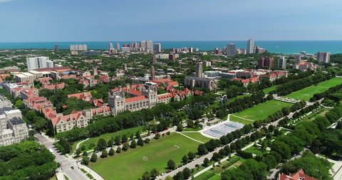 Chicago, Illinois/USA - February 21, 2019: Scenic aerial view of the Midway Plaisance at The University of Chicago’s campus. 