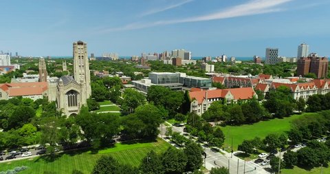 Chicago, Illinois/USA - February 21, 2019: Scenic aerial view of The University of Chicago’s campus. 