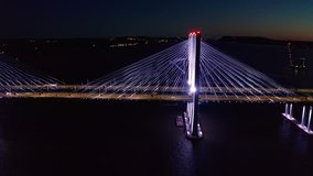 Drone footage of the new cable-stayed Tappan Zee bridge by night. Tappan Zee bridge spans Hudson river between Nyack and Tarrytown in New York State