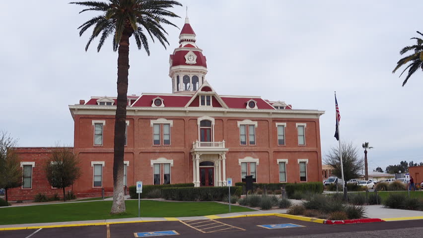 A day exterior establishing shot of the historic courthouse in Florence, Arizona.  	