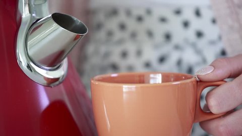 Young woman pouring hot water from teapot into cup