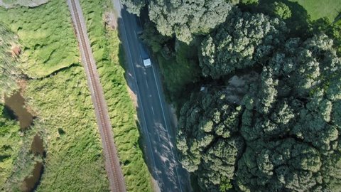 Aerial: driving through a grove of pohutukawa trees on coastal road. Pikowau, Bay of Plenty, New Zealand 