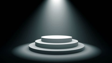 Empty round podium, pedestal or platform illuminated by volume spotlights. Set of bright searchlights on black background. Digital 3d animation.
