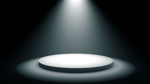 Empty round podium, pedestal or platform illuminated by volume spotlights. Set of bright searchlights on black background. Digital 3d animation.