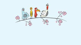 graphic animation funny exotic birds jumping on a blossoming cherry branch in the spring. beautiful time of the year to fly