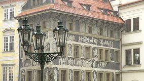Prague, Czech Street. light rain on cloudy day. Drops of water falling on cobblestone. 2 clips