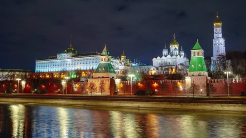 Night view of Moscow Kremlin, Ivan the Great Bell Tower, Cathedral of the Archangel, Grand Kremlin Palace, Moskva river. Moscow night time lapse. Historical landmark of Russia