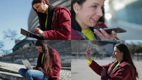 Collage of cheerful mature woman with digital devices. Multiscreen montage, split screen collage. Technology concept