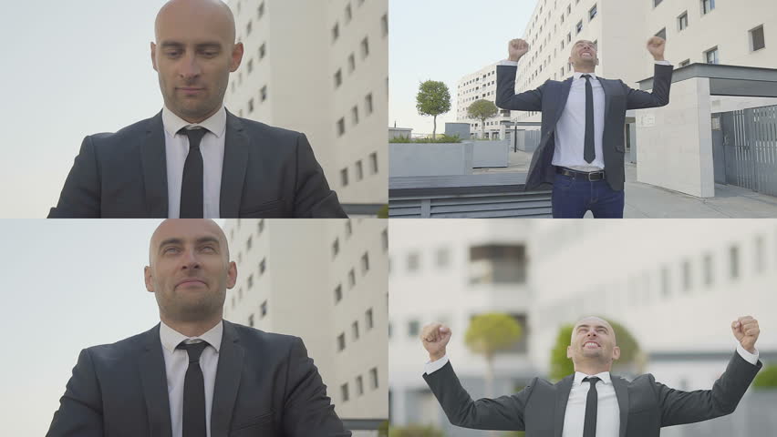 Collage of happy businessman with raised fists outdoor. Multiscreen montage, split screen collage. Cheering young hairless man in suit posing outdoor. Concept of success
