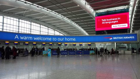 HEATHROW AIRPORT, LONDON - MARCH 16, 2019: A sign welcomes British Airways passengers to the check in area inside departures level at Terminal 5, Heathrow International Airport in London, UK.