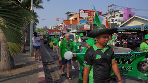 Procession down the street on St. Patrick's Day. Pattaya, Thailand. 17.03.2019