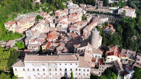 Ancient city Nemi near a Rome. Aerial footage of old city in Europe. Village in the mountains of Italy.