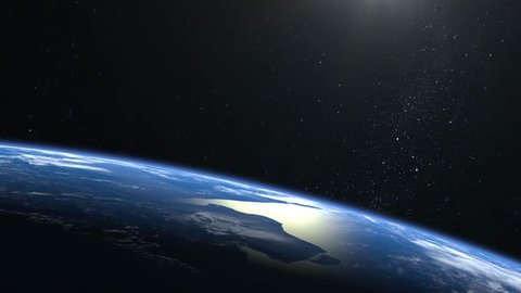 Earth. View from space. Stars twinkle. Flight over the Earth. The horizon is turned to the right. 4K. The earth slowly rotates. Realistic atmosphere. 3D Volumetric clouds.