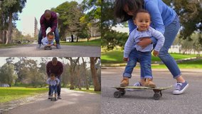 Collage of parents rolling his little son on skateboard in park. Multiscreen montage, split screen collage. African American child spending time with parent in park. Family leisure concept
