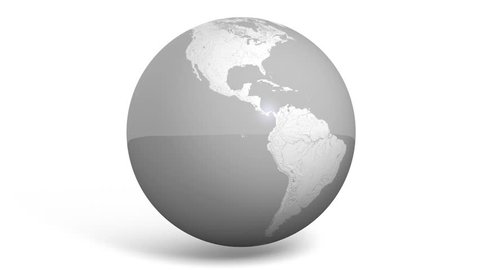 A stylized 4k resolution seamless looping 3-D animation of a rotating globe in a glossy gray and white theme on a white background.