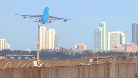 MIAMI, FL - 2019: KLM Cargo Boeing 747-400 Freighter Jet Airplane Taking Off from MIA Miami International Airport on a Sunny Day in South Florida
