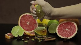 Woman squeezes juice from half of lemon fruit into a glass cup with alcohol cocktail. Fresh fruits in the background. Lime Grapefruit. Prepare a cocktail of whiskey, cognac or liqueur. Slow motion - Powered by Shutterstock - Get 15% off with code: PIKWIZARD15