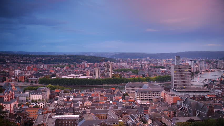 Time Lapse Aerial View of Liege City Skyline Crowded Houses Roofs Dusk to Night