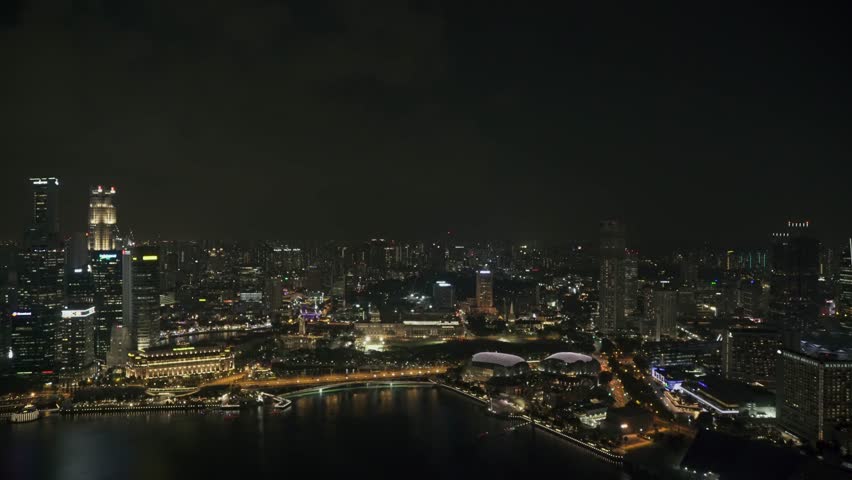 View of Esplanade Theatres by the Bay, the Fullerton Hotel, One Raffles and the CBD from the Skypark viewing platform of the Marina Bay Sands Hotel in Singapore.