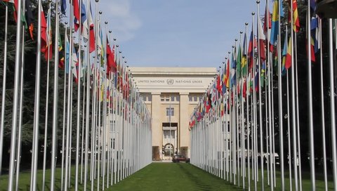 Switzerland; Geneva; March 12, 2019; The rows of the United Nations member states flags in front of the United Nations Office in Geneva.