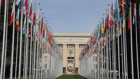 Switzerland; Geneva; March 12, 2019; The rows of the United Nations member states flags in front of the United Nations Office in Geneva.